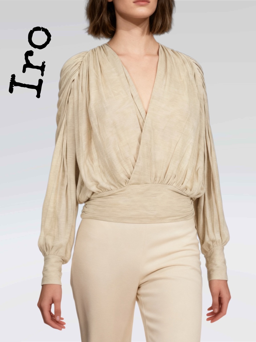 IRO 
Beige Draped V-Neck Blouse with Gathered Waist